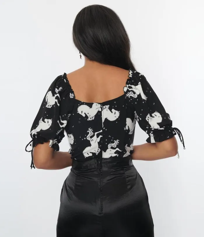 Hell Bunny Black and White Unicorn Sulivan Top Clothing Unique Vintage Blouses