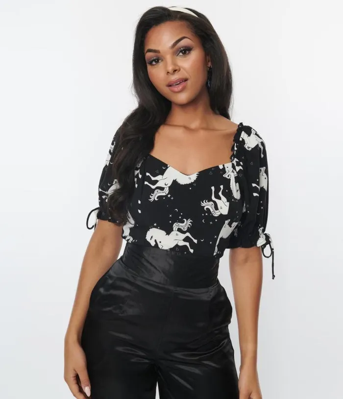 Hell Bunny Black and White Unicorn Sulivan Top Clothing Unique Vintage Blouses