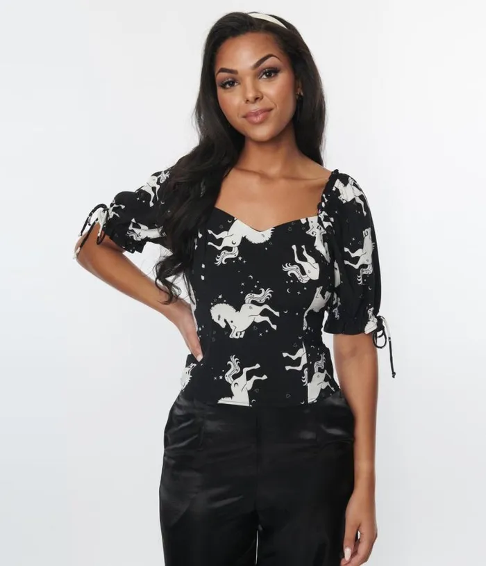 Hell Bunny Black and White Unicorn Sulivan Top Clothing Unique Vintage Blouses
