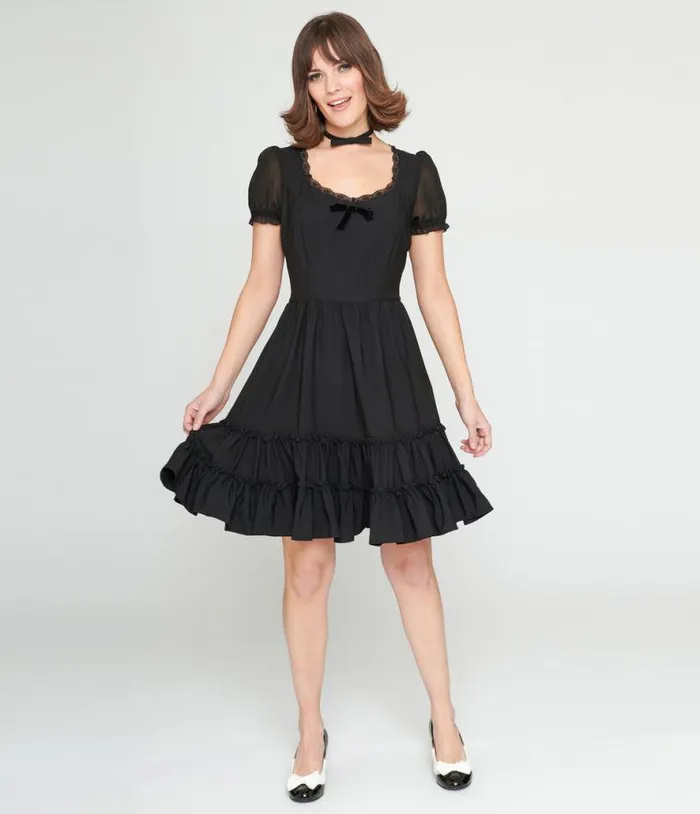 Hell Bunny Black Annette Mini Dress Dresses Unique Vintage Fit and Flare