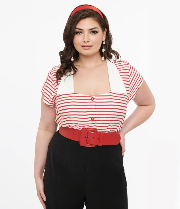 Hell Bunny Plus Size 1940s Red and White Stripe Ahoy Blouse ClothingPlus Unique Vintage Blouses Hell Bunny Plus Size 1940s Red and White Stripe Ahoy Blouse ClothingPlus Unique Vintage Blouses