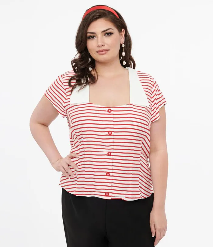 Hell Bunny Plus Size 1940s Red and White Stripe Ahoy Blouse ClothingPlus Unique Vintage Blouses