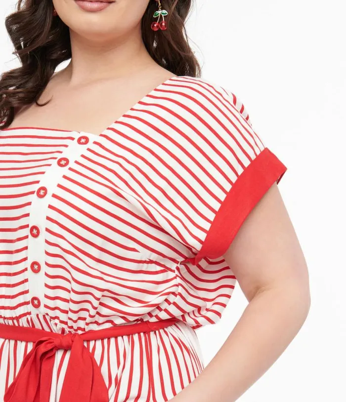 Hell Bunny Plus Size 1940s Red and White Stripe Ahoy Dress Dresses Unique Vintage Pocket Dresses