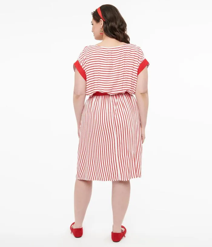 Hell Bunny Plus Size 1940s Red and White Stripe Ahoy Dress Dresses Unique Vintage Pocket Dresses