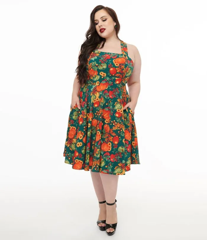 Hell Bunny Plus Size 1950s Autumn Pinafore Swing Dress DressesPlus Unique Vintage Pocket Dresses