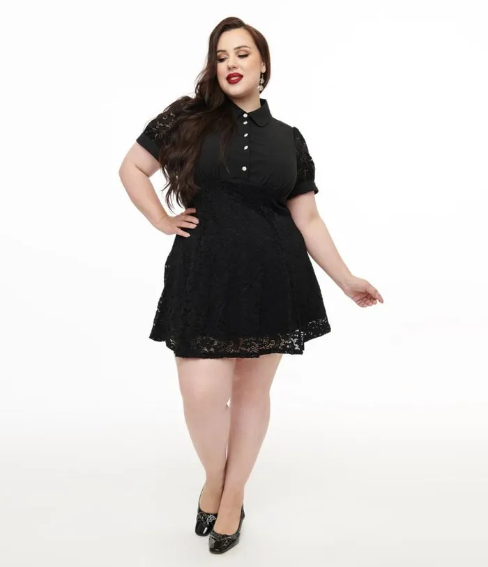 Hell Bunny Plus Size 1950s Black Lace Dominica Mini Dress DressesPlus Unique Vintage Fit and Flare