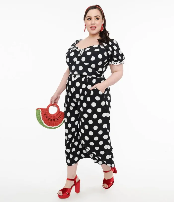 Hell Bunny Plus Size 1960s Black and White Polka Dot Cropped Trousers ClothingPlus Unique Vintage Pants Hell Bunny Plus Size 1960s Black and White Polka Dot Cropped Trousers ClothingPlus Unique Vintage Pants