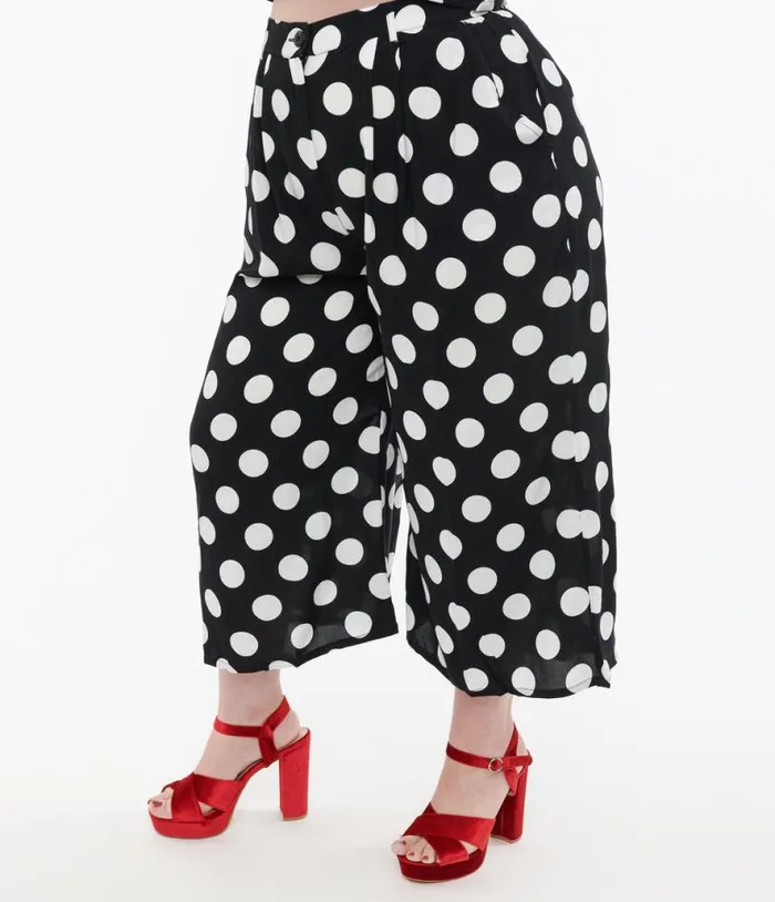 Hell Bunny Plus Size 1960s Black and White Polka Dot Cropped Trousers ClothingPlus Unique Vintage Pants
