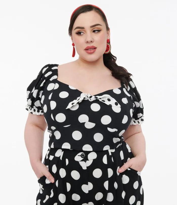 Hell Bunny Plus Size 1960s Black and White Polka Dot Dolores Crop Top ClothingPlus Unique Vintage Blouses Hell Bunny Plus Size 1960s Black and White Polka Dot Dolores Crop Top ClothingPlus Unique Vintage Blouses