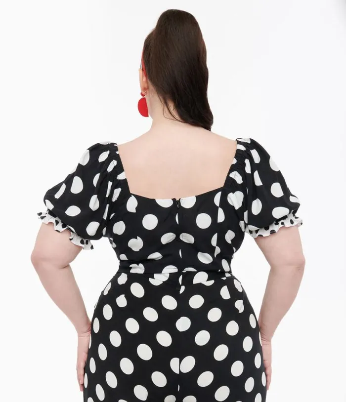Hell Bunny Plus Size 1960s Black and White Polka Dot Dolores Crop Top ClothingPlus Unique Vintage Blouses