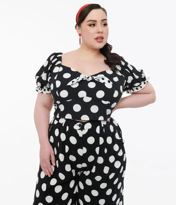 Hell Bunny Plus Size 1960s Black and White Polka Dot Dolores Crop Top ClothingPlus Unique Vintage Blouses