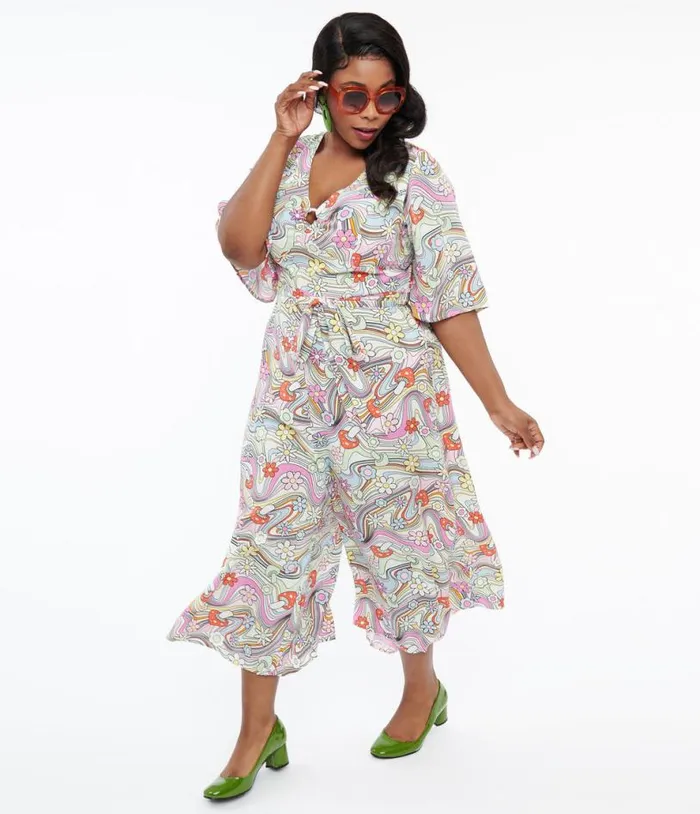 Hell Bunny Plus Size 1960s Pastel Rainbow Hazy Daze Floral Jumpsuit Clothing Unique Vintage Rompers and Jumpsuits Hell Bunny Plus Size 1960s Pastel Rainbow Hazy Daze Floral Jumpsuit Clothing Unique Vintage Rompers and Jumpsuits