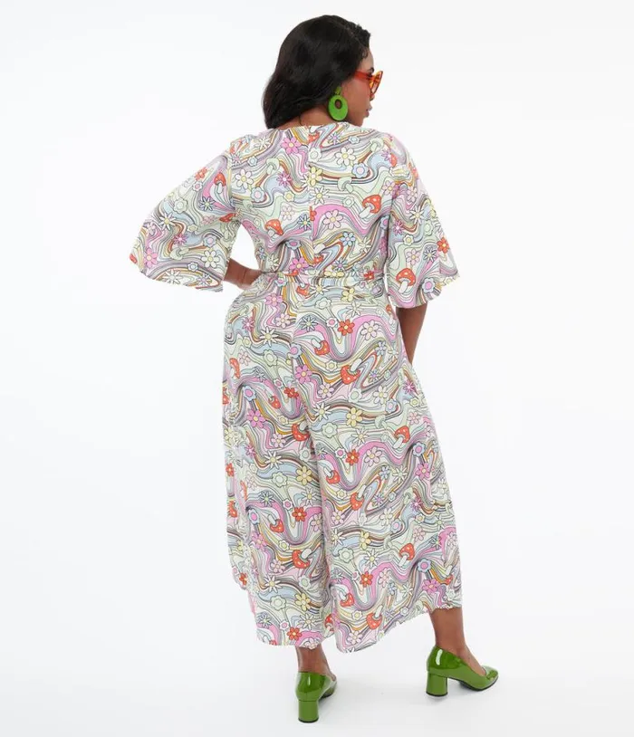 Hell Bunny Plus Size 1960s Pastel Rainbow Hazy Daze Floral Jumpsuit Clothing Unique Vintage Rompers and Jumpsuits