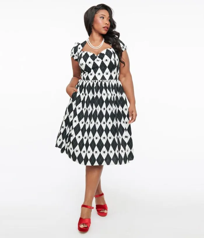 Hell Bunny Plus Size Black and White Argyle Spider Print Regina Fit and Flare Dress DressesHalloweenPlus Unique Vintage Dresses Hell Bunny Plus Size Black and White Argyle Spider Print Regina Fit and Flare Dress DressesHalloweenPlus Unique Vintage Dresses