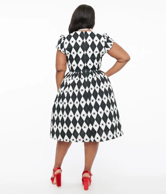 Hell Bunny Plus Size Black and White Argyle Spider Print Regina Fit and Flare Dress DressesHalloweenPlus Unique Vintage Dresses
