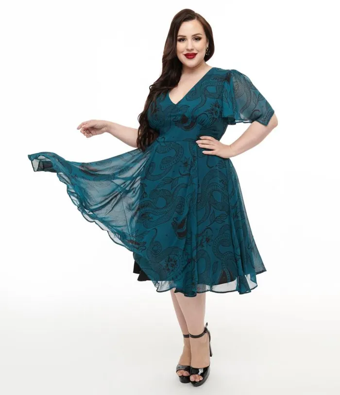 Hell Bunny Plus Size Teal Snake Venom Midi Dress Dresses Unique Vintage Midi