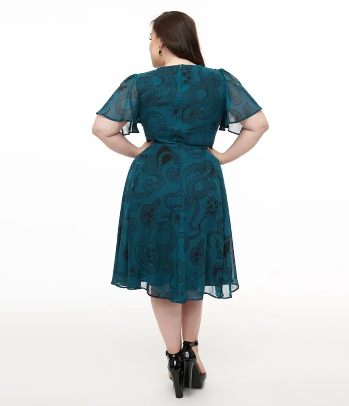 Hell Bunny Plus Size Teal Snake Venom Midi Dress Dresses Unique Vintage Midi