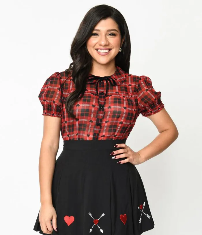 Hell Bunny Red and Black Heart Plaid Date Night Blouse ClothingPlus Unique Vintage Blouses Hell Bunny Red and Black Heart Plaid Date Night Blouse ClothingPlus Unique Vintage Blouses