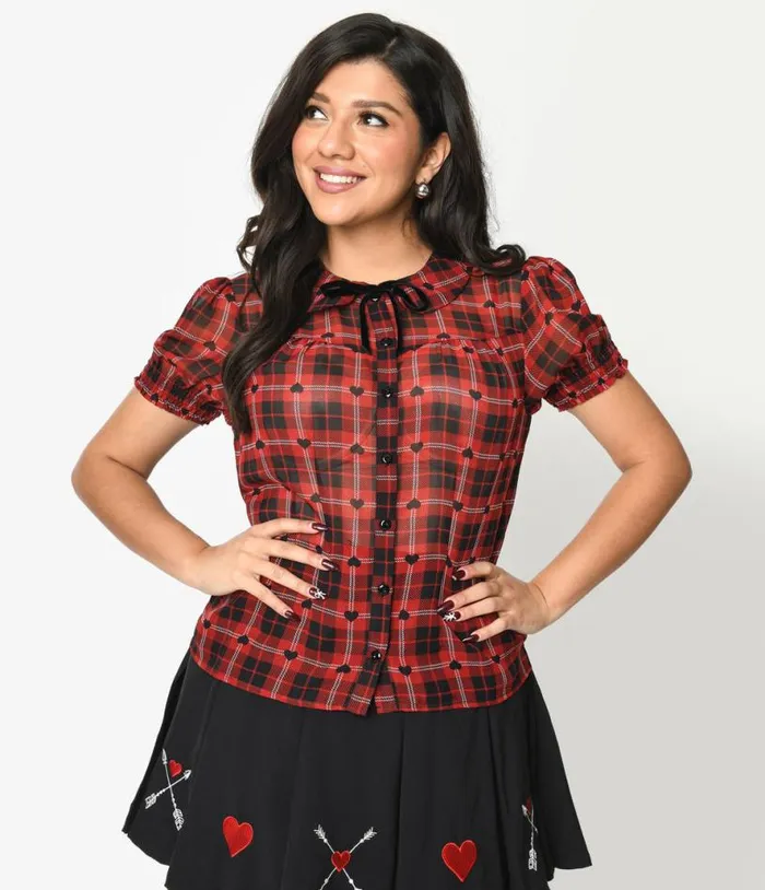 Hell Bunny Red and Black Heart Plaid Date Night Blouse ClothingPlus Unique Vintage Blouses