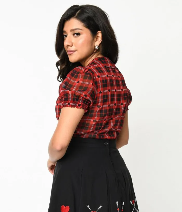 Hell Bunny Red and Black Heart Plaid Date Night Blouse ClothingPlus Unique Vintage Blouses