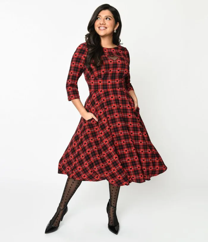 Hell Bunny Red and Black Heart Plaid Date Night Swing Dress DressesPlus Unique Vintage Pocket Dresses