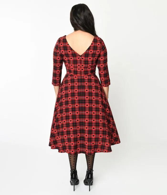 Hell Bunny Red and Black Heart Plaid Date Night Swing Dress DressesPlus Unique Vintage Pocket Dresses