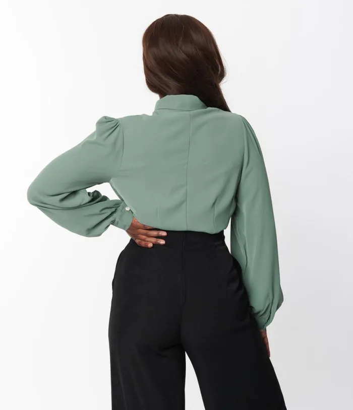 Hell Bunny Sage Green Mia Blouse ClothingPlus Unique Vintage Blouses