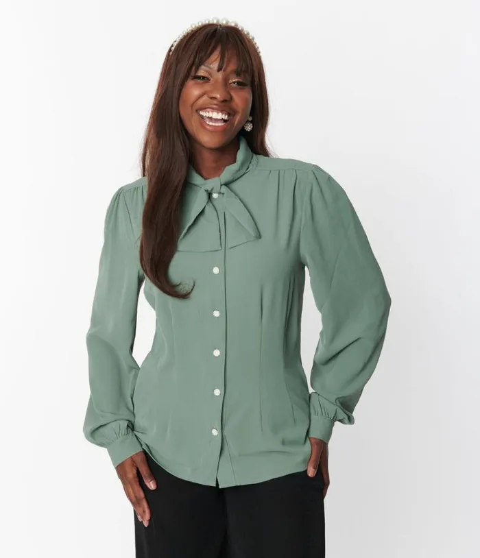 Hell Bunny Sage Green Mia Blouse ClothingPlus Unique Vintage Blouses