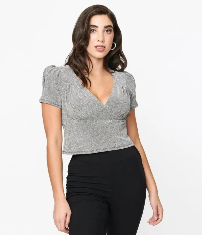 Hell Bunny Silver Lurex Loco Motion Top ClothingPlus Unique Vintage Blouses