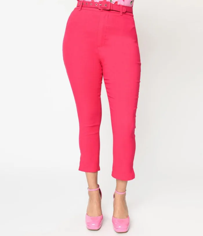 Hot Pink Belted High Waist Rachelle Capri Pants Clothing Unique Vintage Pants