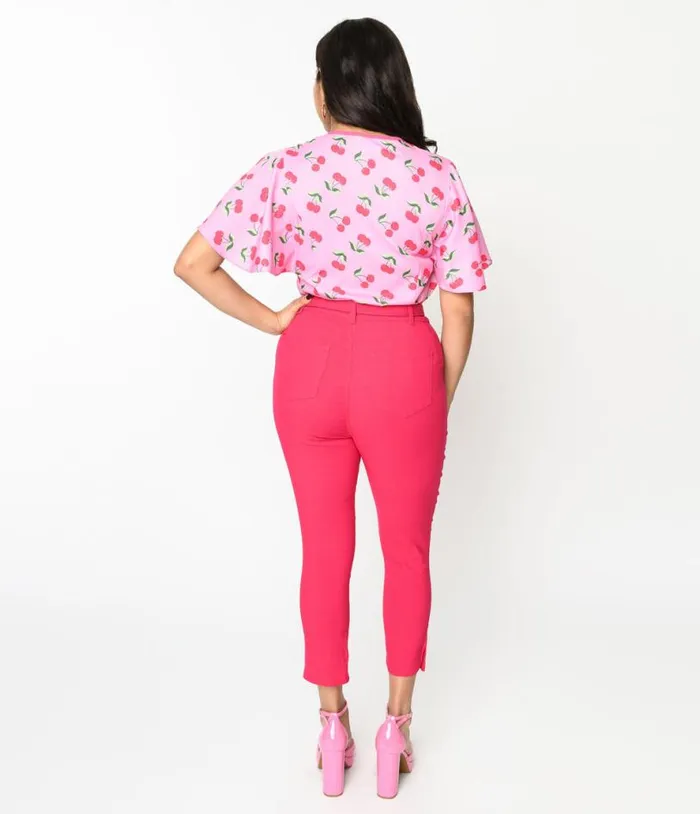Hot Pink Belted High Waist Rachelle Capri Pants Clothing Unique Vintage Pants