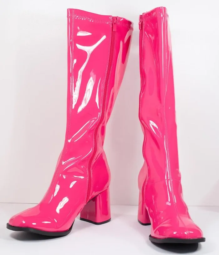 Hot Pink Patent Leatherette Knee High Go Go Boots Shoes Unique Vintage Boots