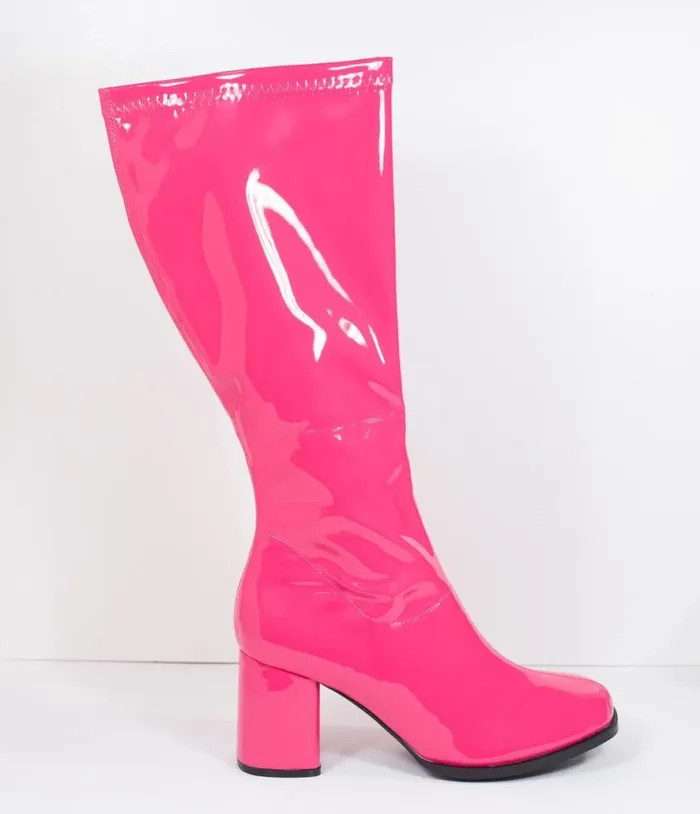 Hot Pink Patent Leatherette Knee High Go Go Boots Shoes Unique Vintage Boots
