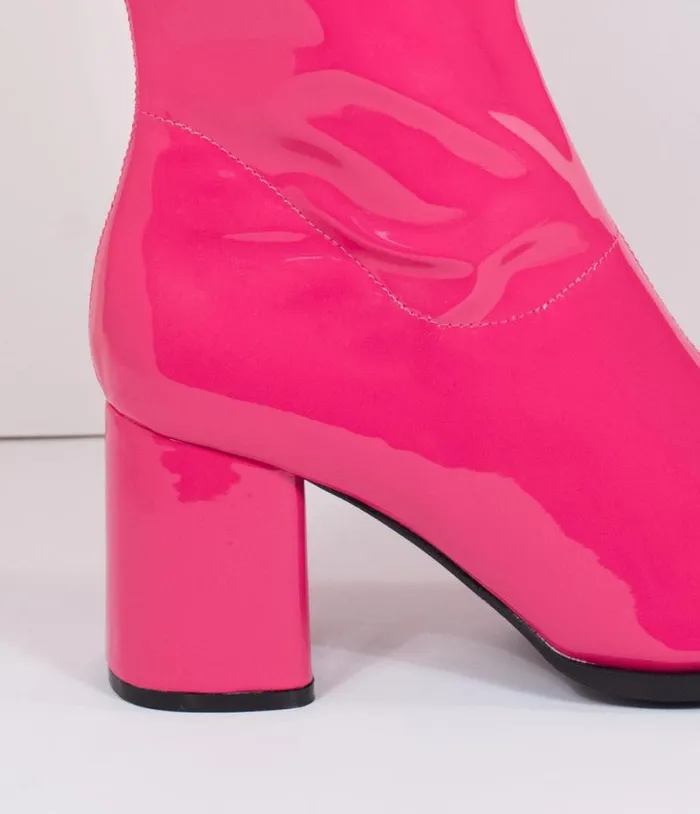 Hot Pink Patent Leatherette Knee High Go Go Boots Shoes Unique Vintage Boots