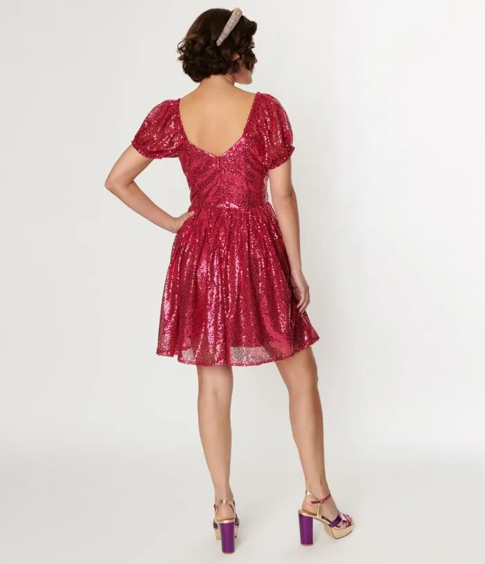 Hot Pink Sequin Sweetheart Fit and Flare Dress Dresses Unique Vintage Fit and Flare