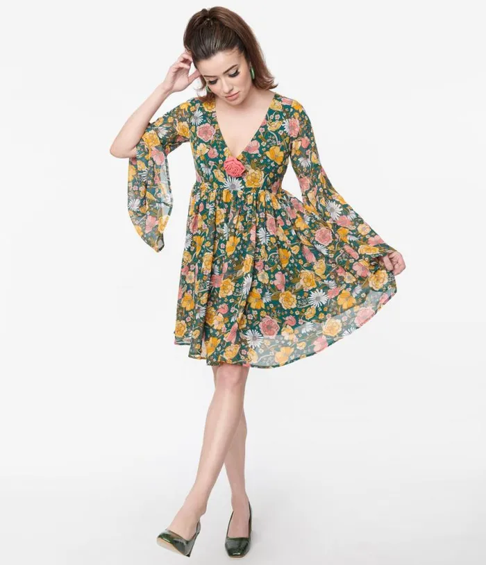 Hunter Green Floral Empire Waist Dress DressesPlus Unique Vintage Babydoll