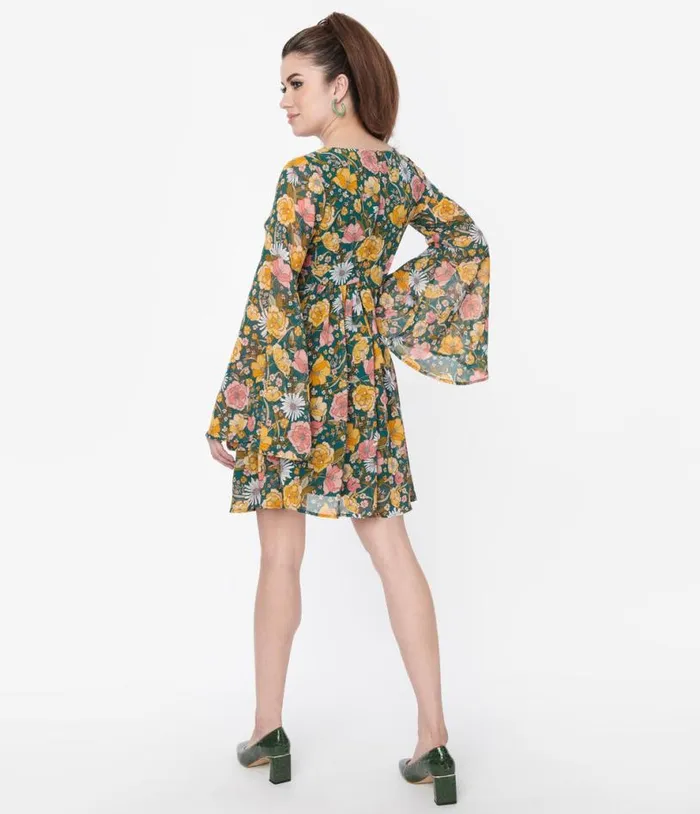 Hunter Green Floral Empire Waist Dress DressesPlus Unique Vintage Babydoll