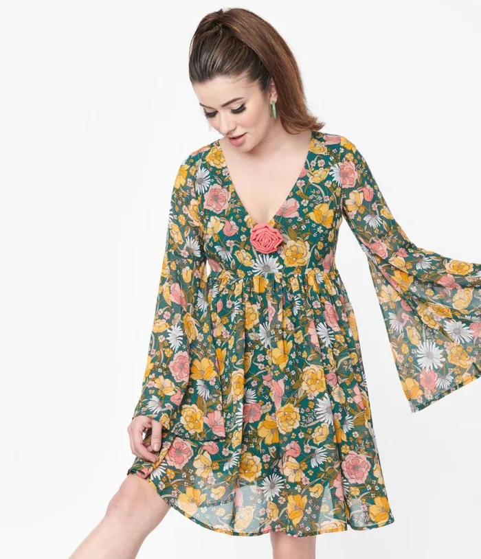 Hunter Green Floral Empire Waist Dress DressesPlus Unique Vintage Babydoll