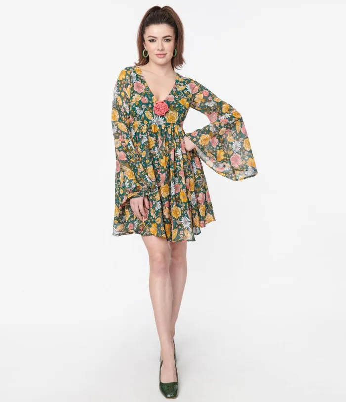 Hunter Green Floral Empire Waist Dress DressesPlus Unique Vintage Babydoll