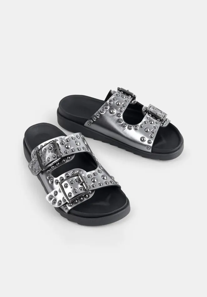 Hush Flats Women Kapalua Leather Studded Sandals Pewter Hush Flats Women Kapalua Leather Studded Sandals Pewter