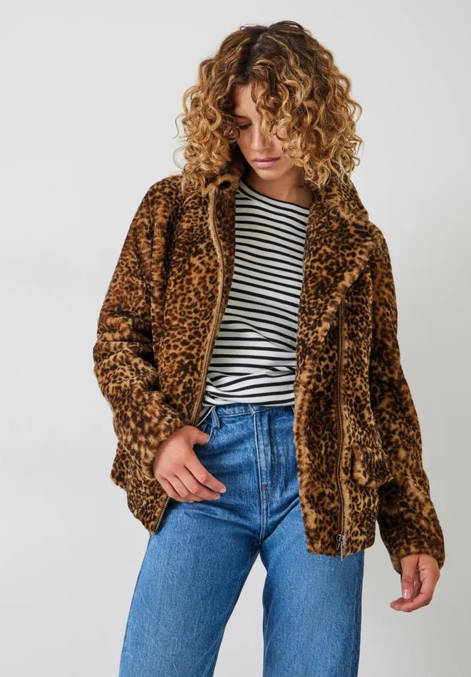 Hush Jackets and Coats Women Leopard Shearling Jacket Hazel Brown