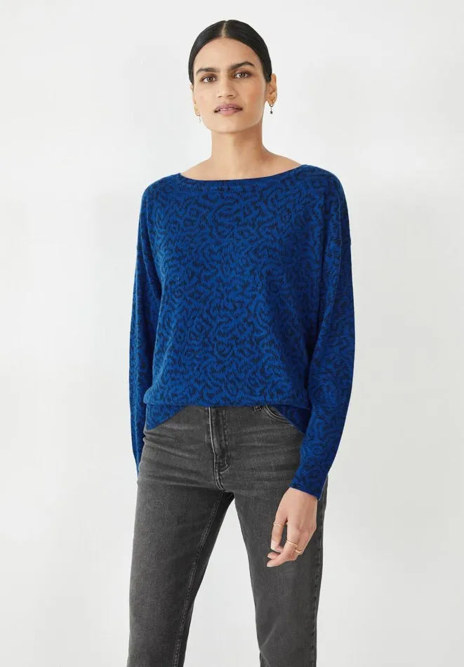 Hush Jumpers and Cardigans Women Emile Open Neck Printed Jumper Abstract Ikat Blue Black Hush Jumpers and Cardigans Women Emile Open Neck Printed Jumper Abstract Ikat Blue Black
