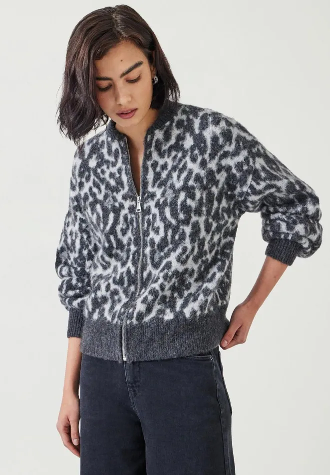 Hush Jumpers and Cardigans Women Susie Brushed Animal Bomber Jacket Grey Mix Hush Jumpers and Cardigans Women Susie Brushed Animal Bomber Jacket Grey Mix