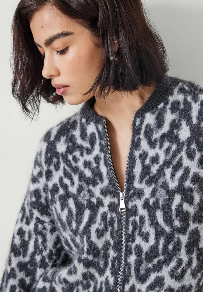 Hush Jumpers and Cardigans Women Susie Brushed Animal Bomber Jacket Grey Mix Hush Jumpers and Cardigans Women Susie Brushed Animal Bomber Jacket Grey Mix