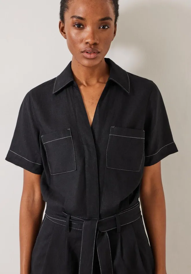 Hush Jumpsuits Women Fran Contrast Stitch Linen Playsuit Black Hush Jumpsuits Women Fran Contrast Stitch Linen Playsuit Black