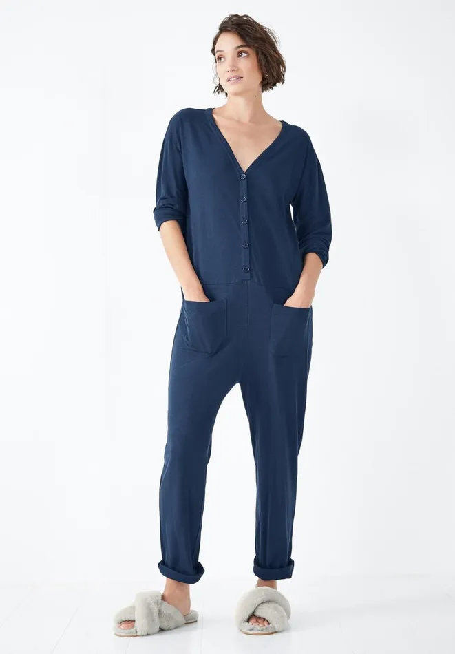 Hush Pyjamas and Nightwear Women Chesten Linen Blend Jersey Onesie Midnight Navy Hush Pyjamas and Nightwear Women Chesten Linen Blend Jersey Onesie Midnight Navy