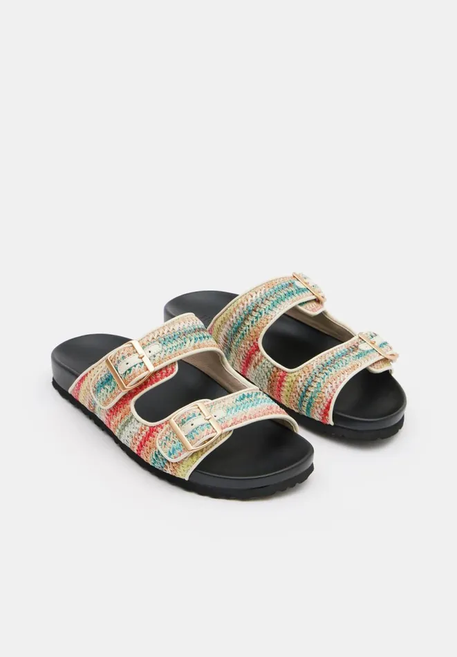 Hush Sandals Women Raffia Buckle Footbed Sandals Multi Colour Stripe Hush Sandals Women Raffia Buckle Footbed Sandals Multi Colour Stripe