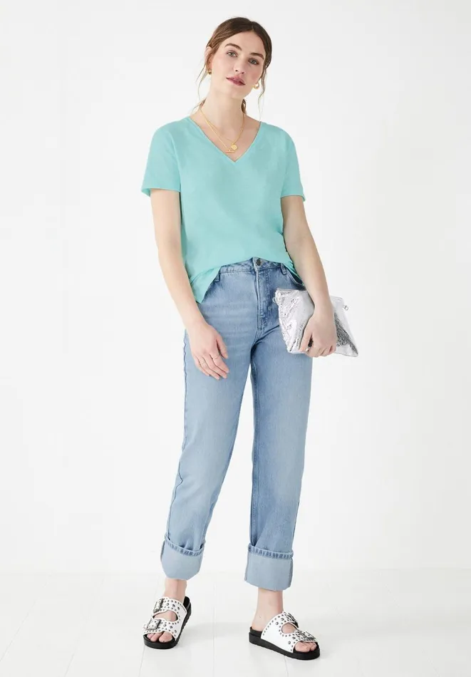 Hush Tops and Tshirts Women Cali Cotton Slub V Tee Washed Aqua