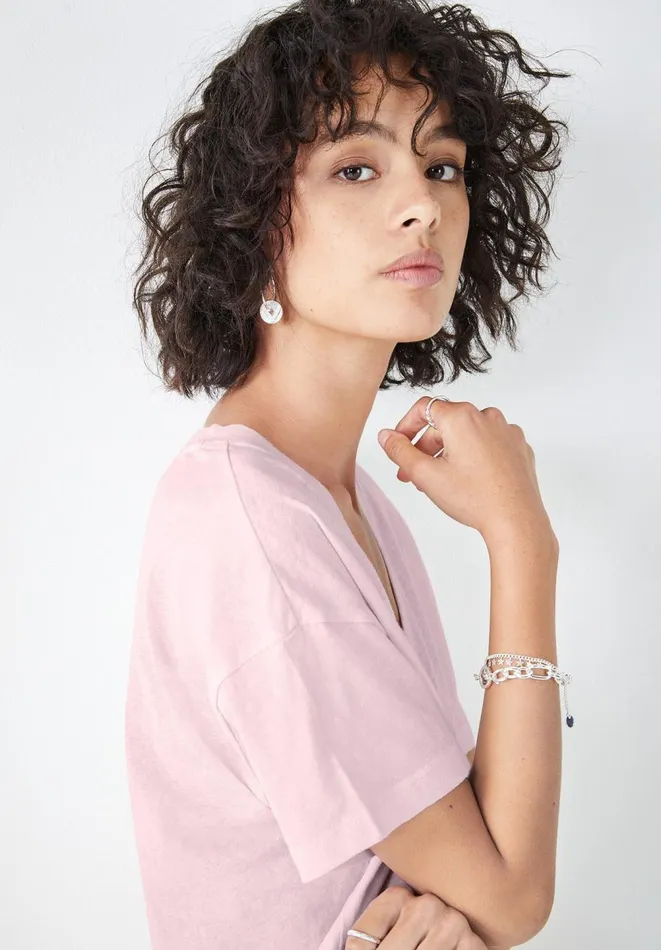 Hush Tops and Tshirts Women Deep V Linen Blend Tee Soft Pink Hush Tops and Tshirts Women Deep V Linen Blend Tee Soft Pink