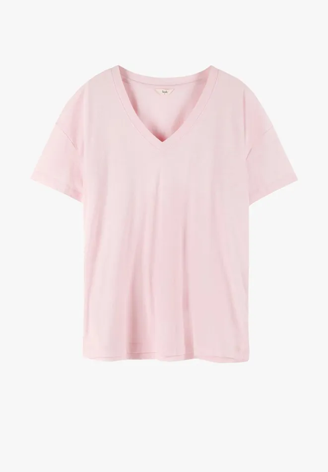 Hush Tops and Tshirts Women Deep V Linen Blend Tee Soft Pink Hush Tops and Tshirts Women Deep V Linen Blend Tee Soft Pink